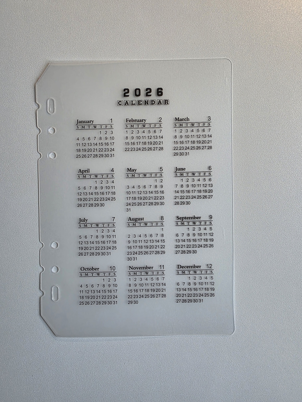 A5 Year At A Glance 2026 Acrylic Planner Calendar Insert - Clear
